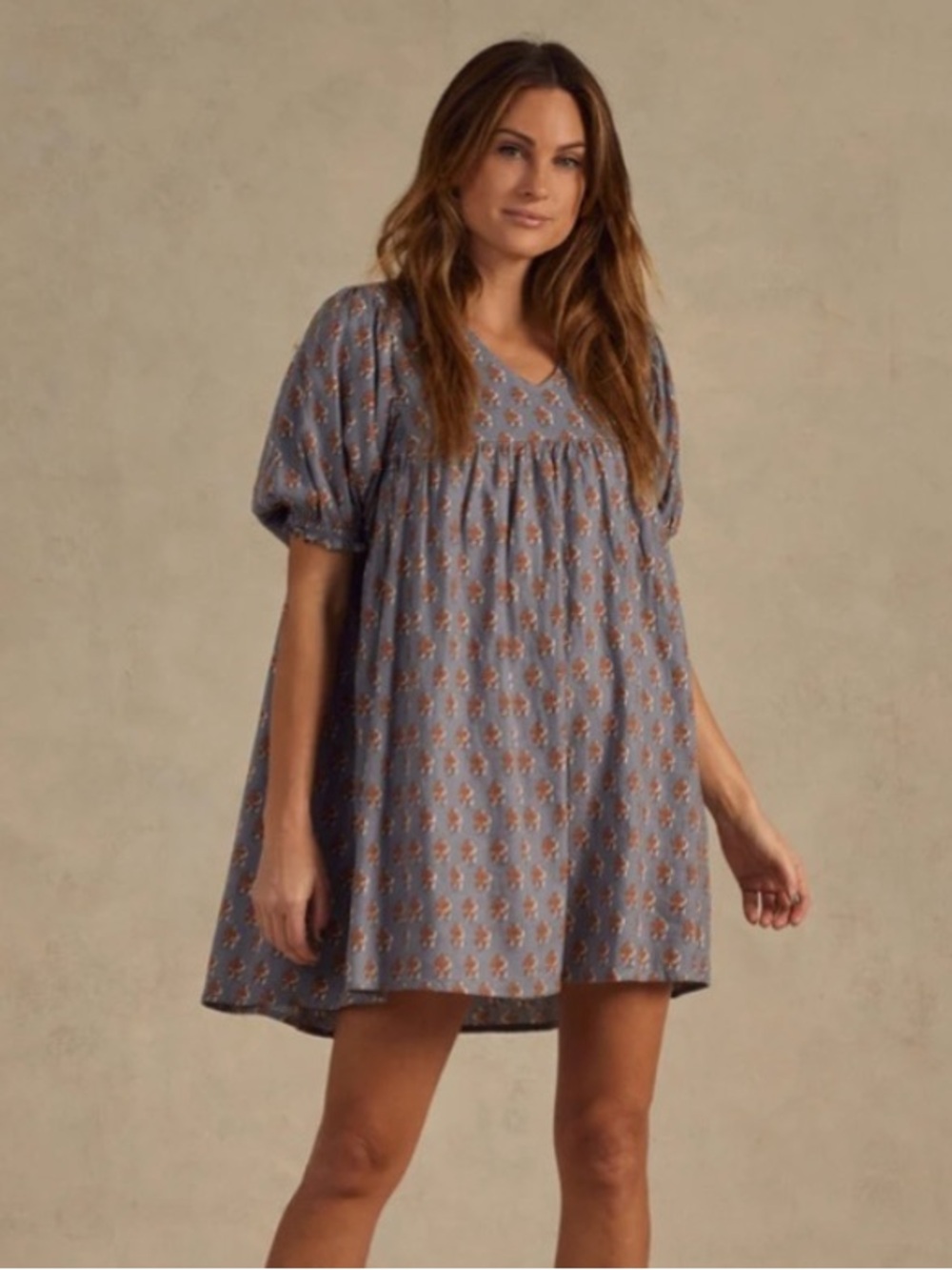 Rylee + Cru Linen Blend Floral Babydoll Dress Gray Rust Print XS Jolene Dress